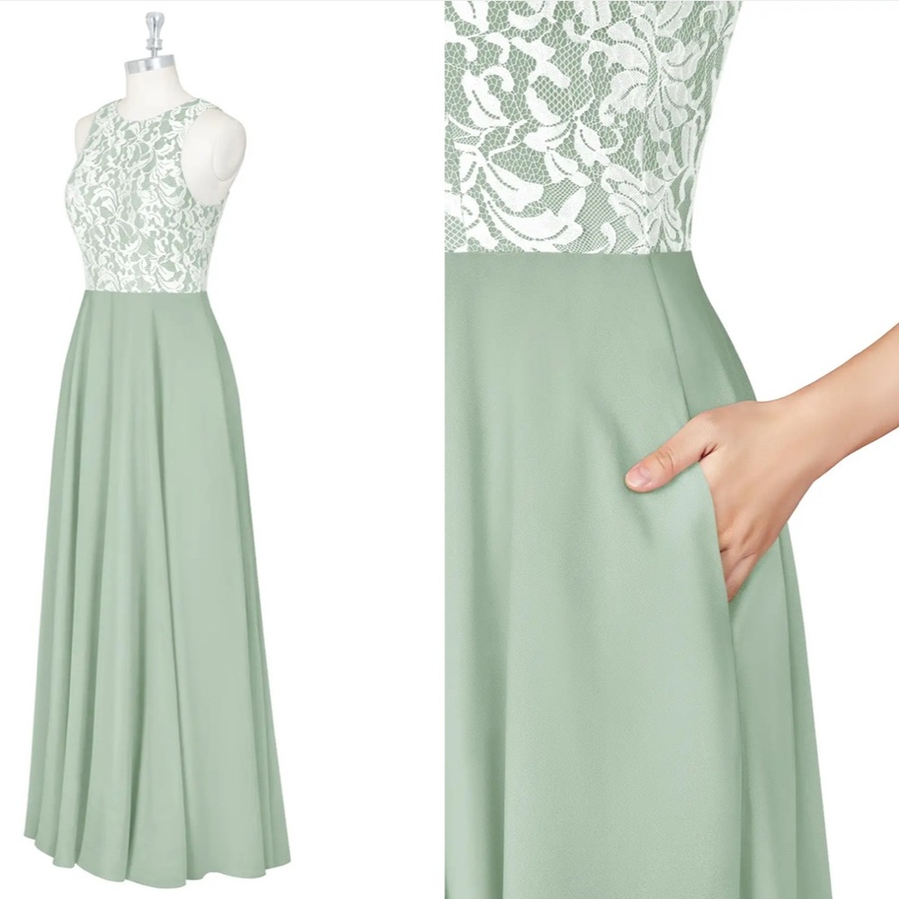 NWT Azazie Kate Bridesmaid Dress Lace Bodice‎ Formal Gown Dusty Sage A8 - Picture 2 of 15